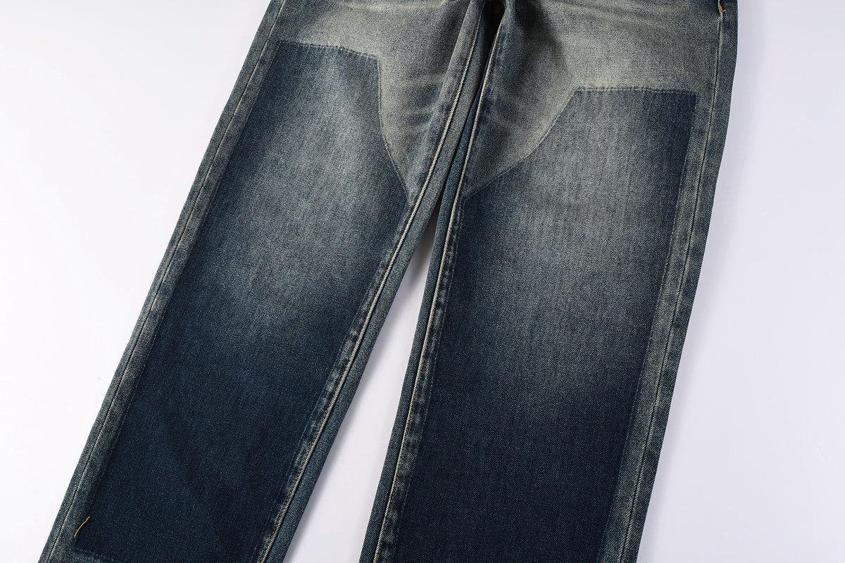 PURPLE Men Vintage Streetwear Straight Jeans Blue Washed with Whisker Fade and Contrast Panels PU9120