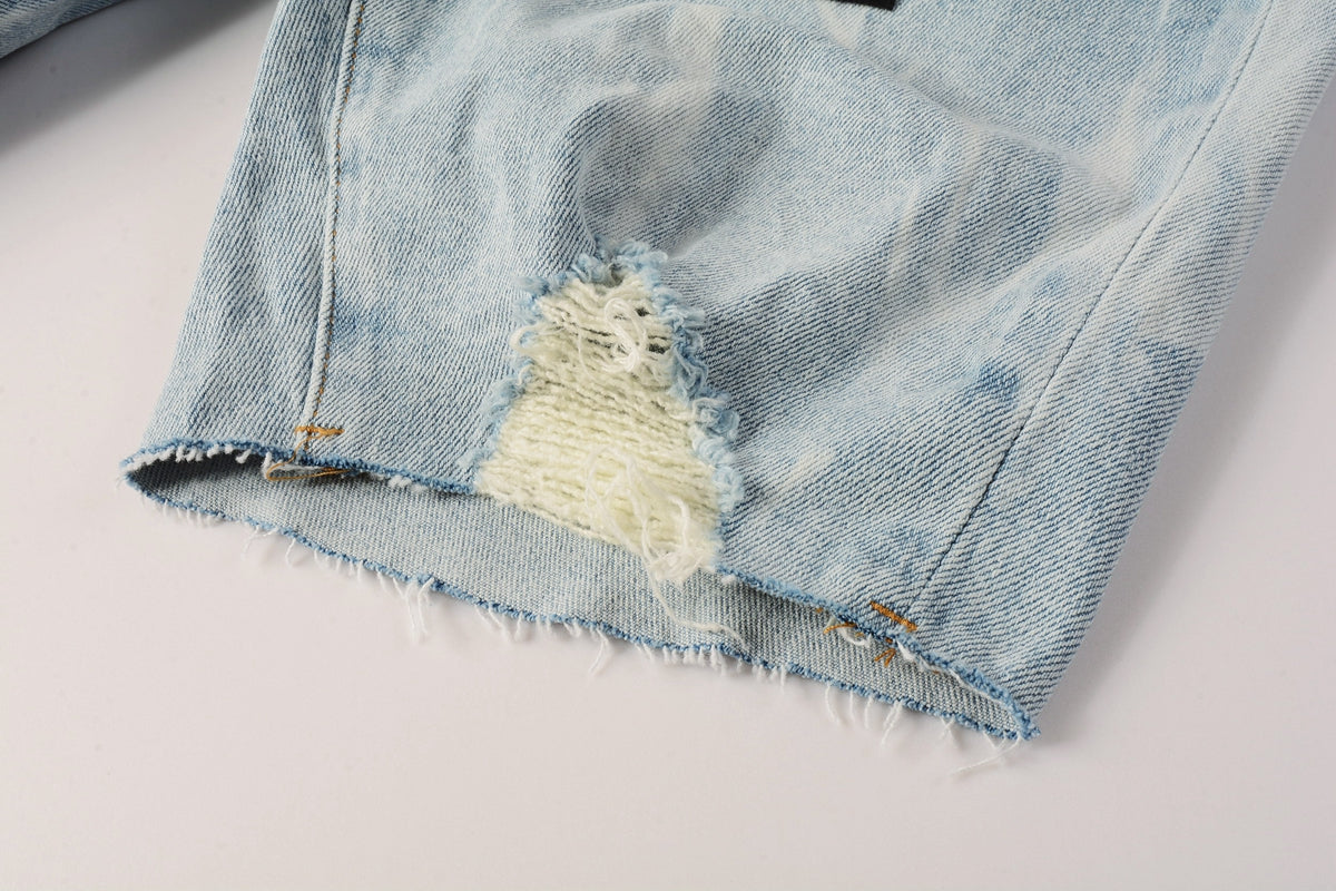 PURPLE Men Streetwear Denim Shorts Light Blue Wash with White Distressed Patches and Raw Hem 5069