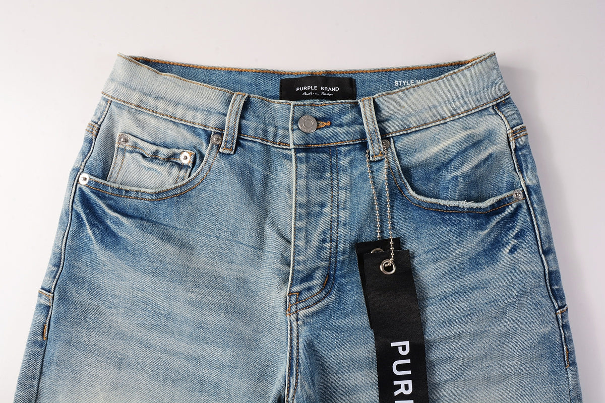 PURPLE Men Streetwear Denim Shorts Light Blue Wash with Raw Hem and Vintage Finish 5016