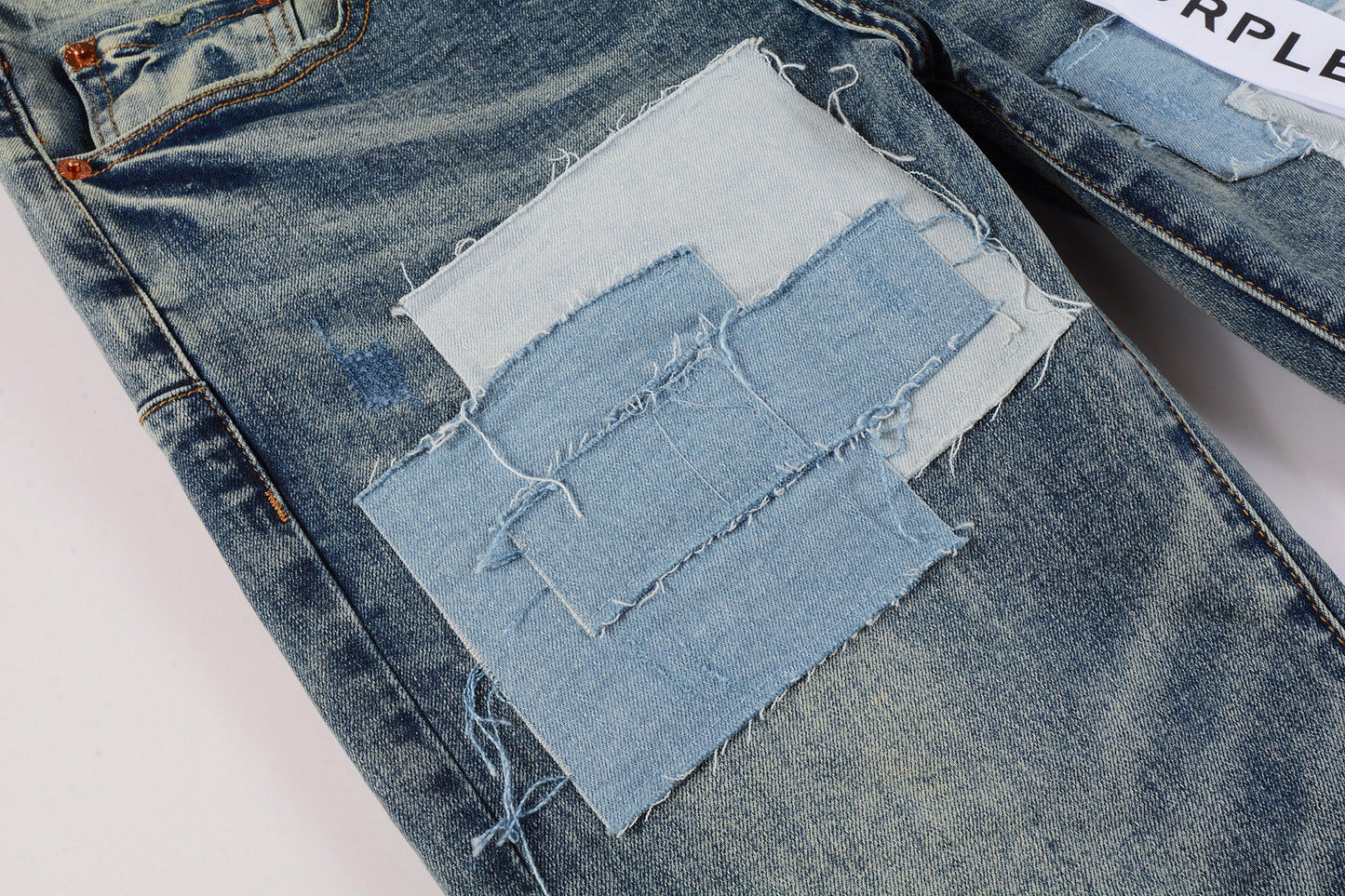 PURPLE Men Streetwear Skinny Jeans Light Blue Wash with Patchwork Distressed Details 9015