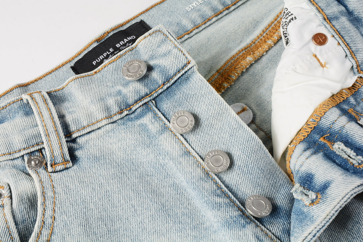 PURPLE Men Streetwear Denim Shorts Light Blue Wash with White Paint Splatters and Distressed Raw Hem 5006