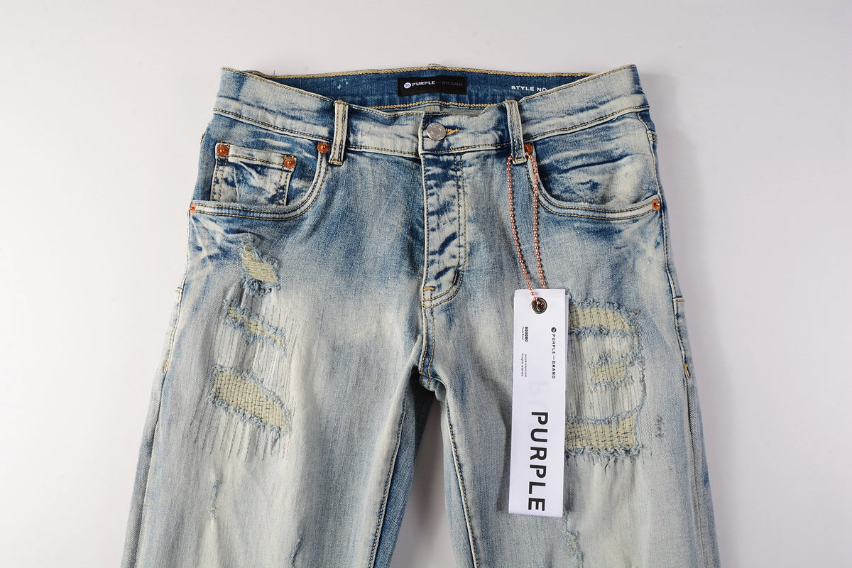 PURPLE Men Streetwear Skinny Jeans Light Blue Wash with Heavy Distressed Rips 9050
