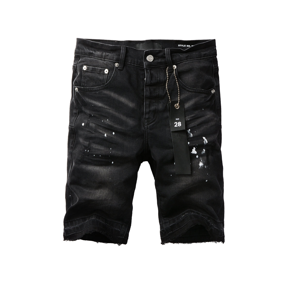 PURPLE Men Streetwear Denim Shorts Black Wash with White Paint Splashes and Raw Hem 5002