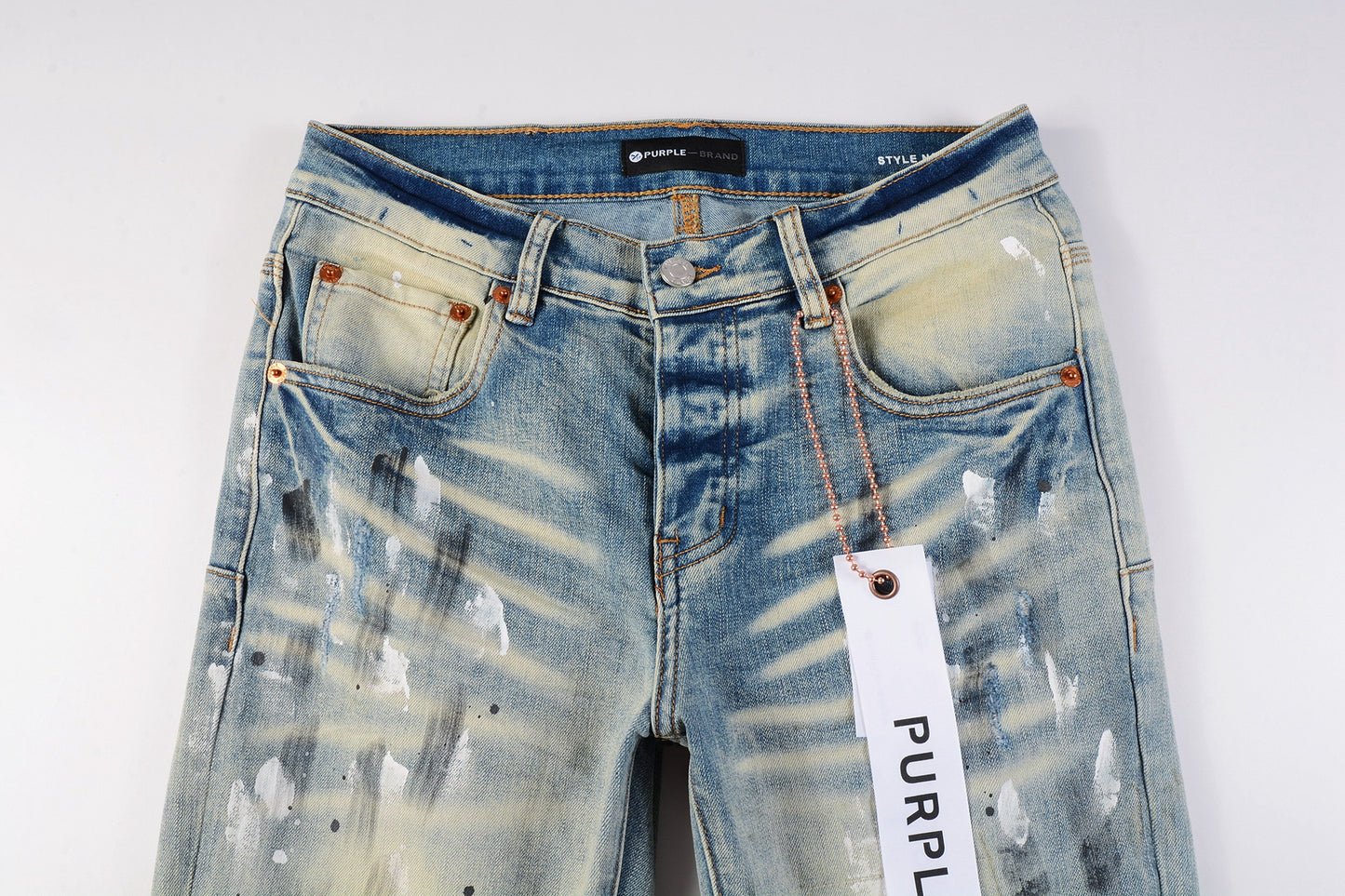 PURPLE Men Streetwear Skinny Jeans Light Blue Wash with White Paint Splatter and Distressed Rips 9007