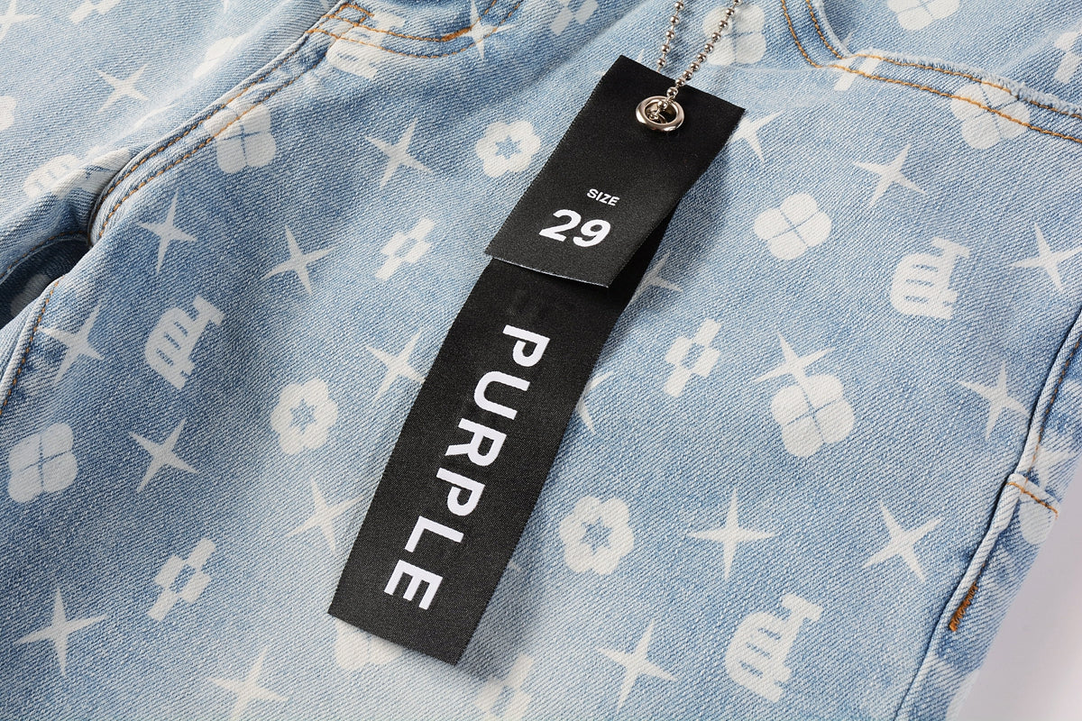 PURPLE Men Streetwear Denim Shorts Light Blue Wash with White Geometric Print and Raw Hem 5089