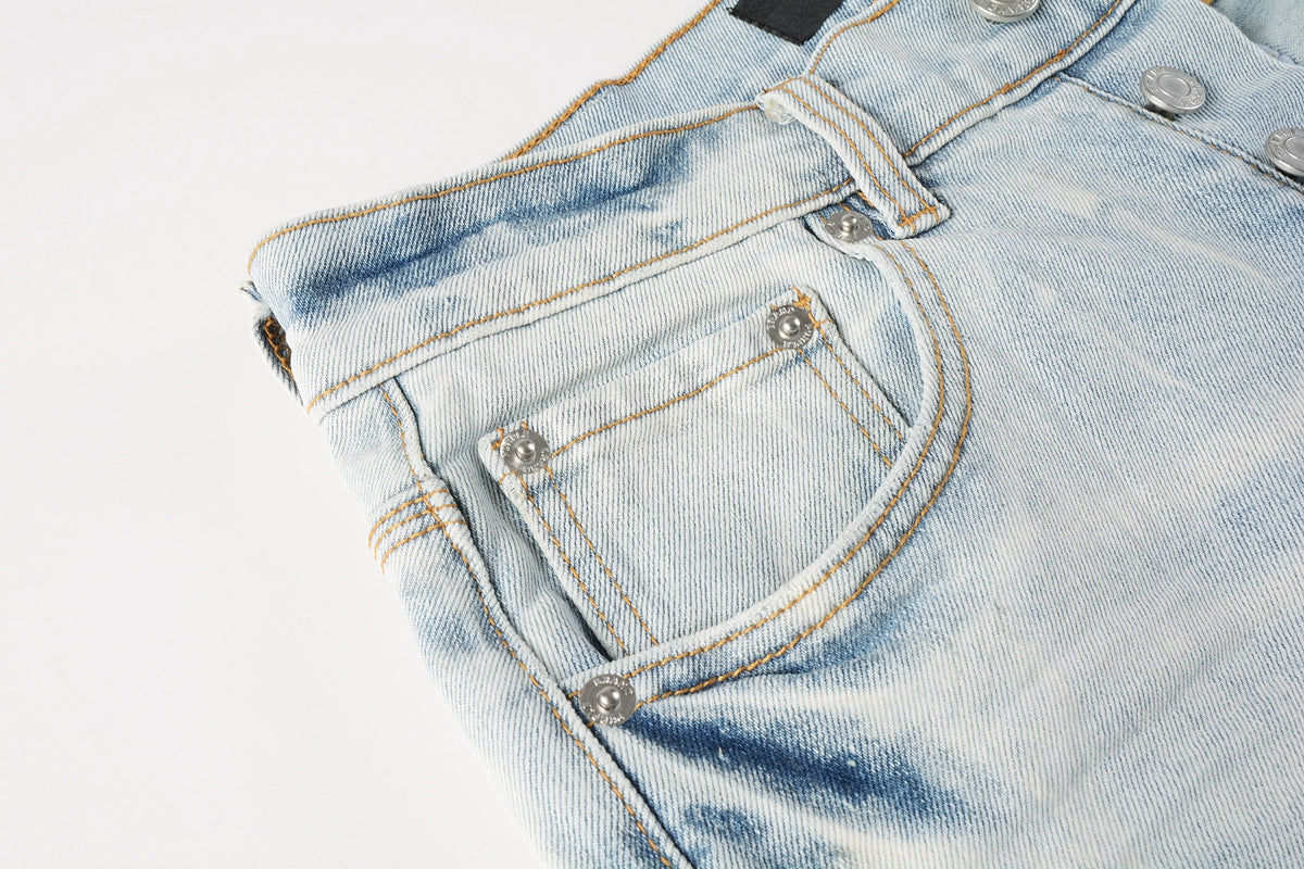 PURPLE Men Streetwear Denim Shorts Light Blue Wash with Washed Distressed Raw Hem 5017