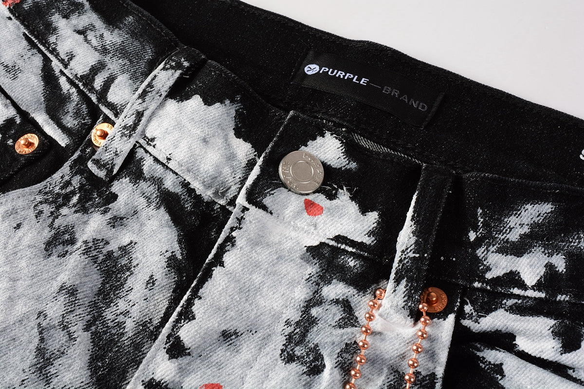 PURPLE Men Streetwear Skinny Jeans Black and White Graffiti Wash with Multi - Color Paint Accents 9020