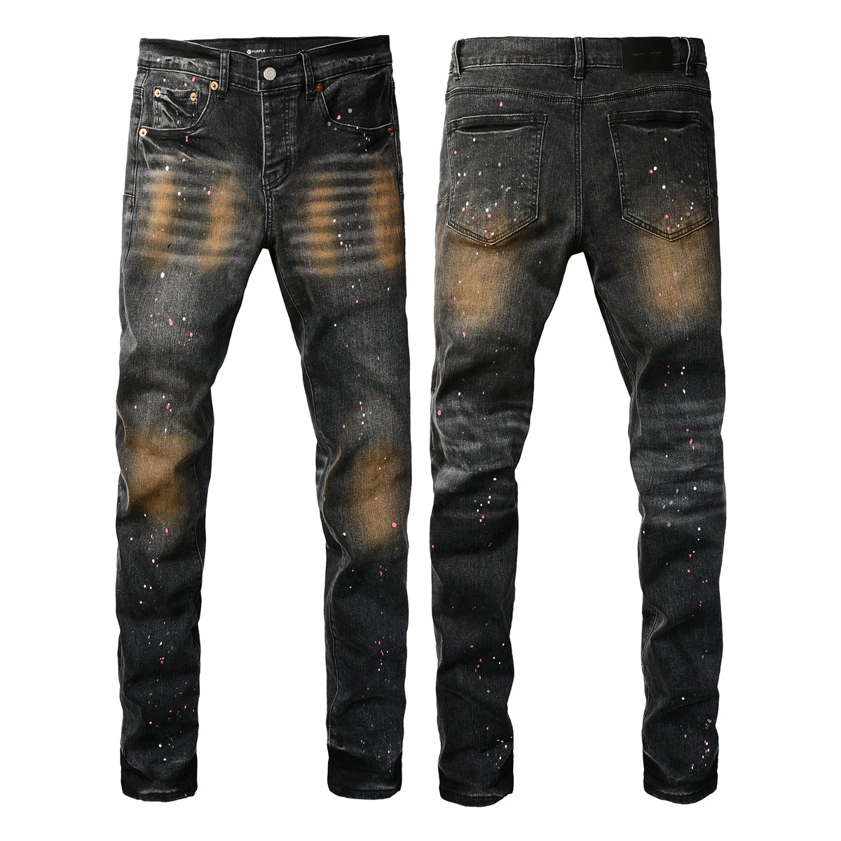PURPLE Men’s Black Skinny Jeans with Rust-Toned Wash and Multicolor Paint Splatter Artistic Distressed Street 9109