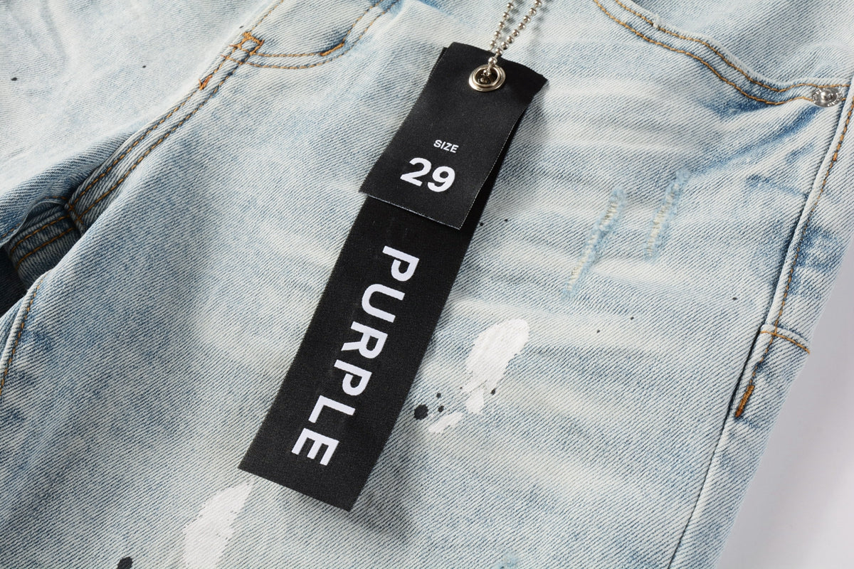 PURPLE Men Streetwear Denim Shorts Light Blue Wash with White Paint Splatters and Distressed Raw Hem 5006