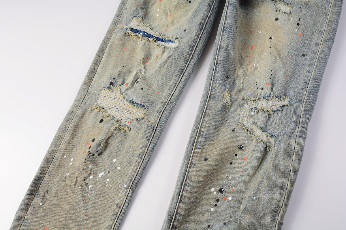 PURPLE Men Streetwear Skinny Jeans Light Gray Wash with Multi-Color Paint Splatter and Distressed Patches 9071