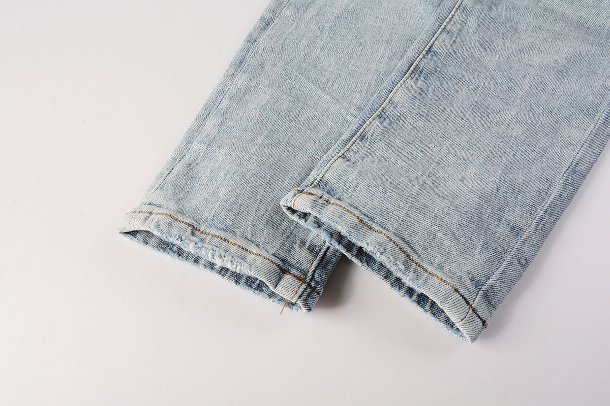 PURPLE Men Streetwear Skinny Jeans Light Blue Wash with Knee Ripped Details and Black Lining 9010