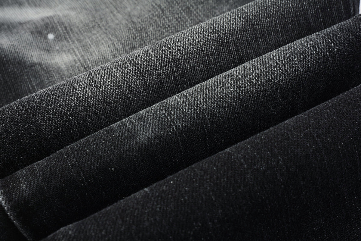 PURPLE Men Streetwear Skinny Jeans Black - Gray Fade Wash with White Paint Specks 9027