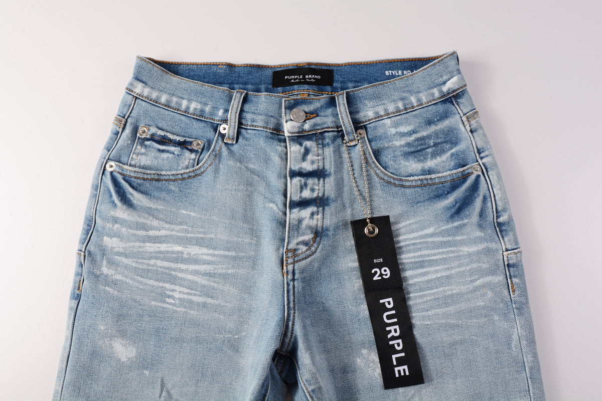 PURPLE Men Streetwear Light Blue Denim Shorts with Vintage Wash and Raw Hem Finish 5091