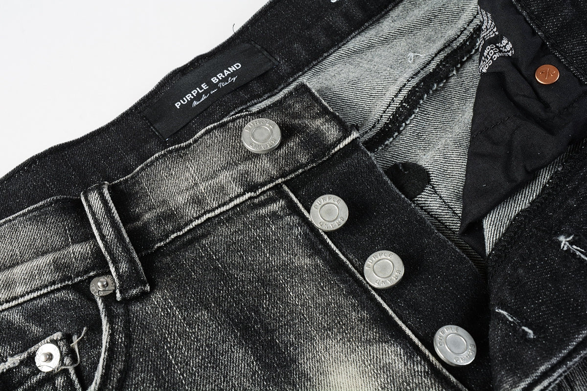 PURPLE Men Streetwear Denim Shorts Grey Black Wash with Leopard Print Ripped Details and Raw Hem 5068