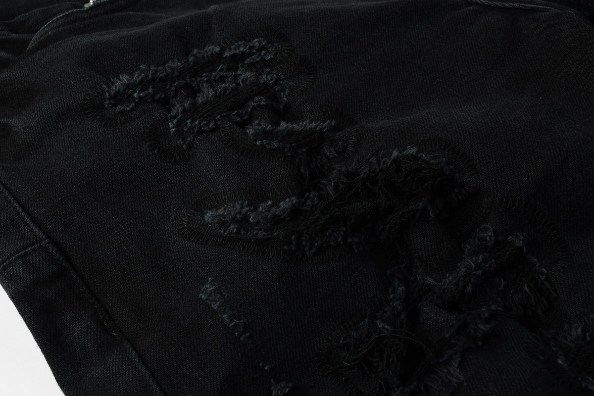 PURPLE Men Streetwear Black Denim Shorts with Distressed Ripped Details and Raw Hem 5108