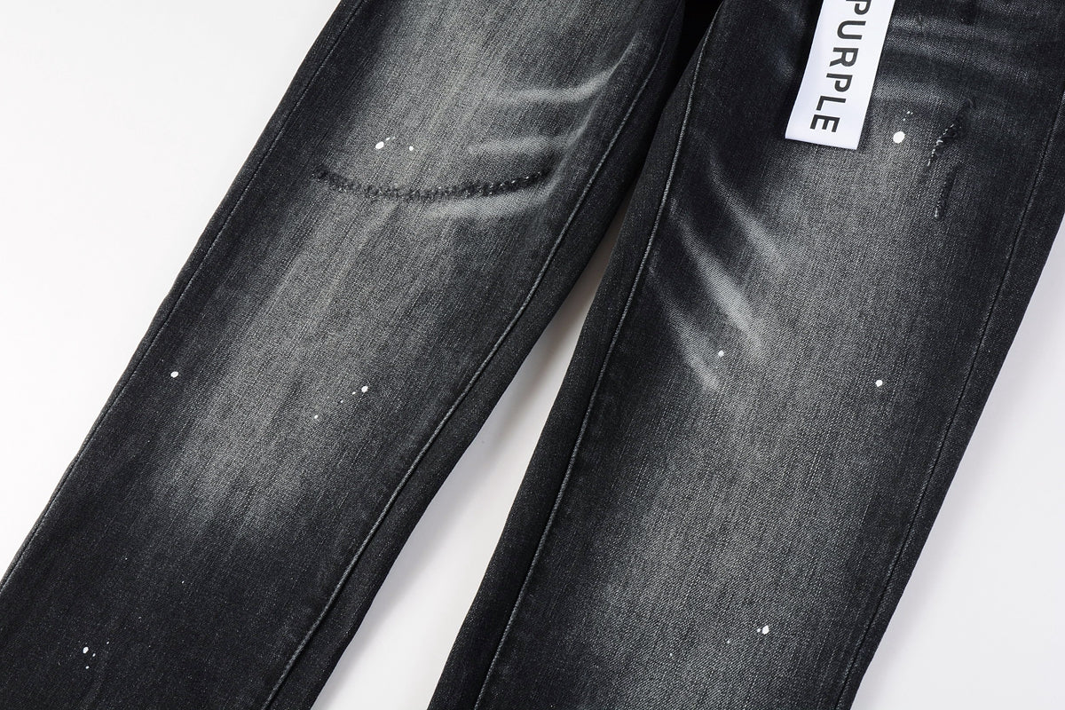 PURPLE Men Streetwear Skinny Jeans Black - Gray Fade Wash with White Paint Specks 9027