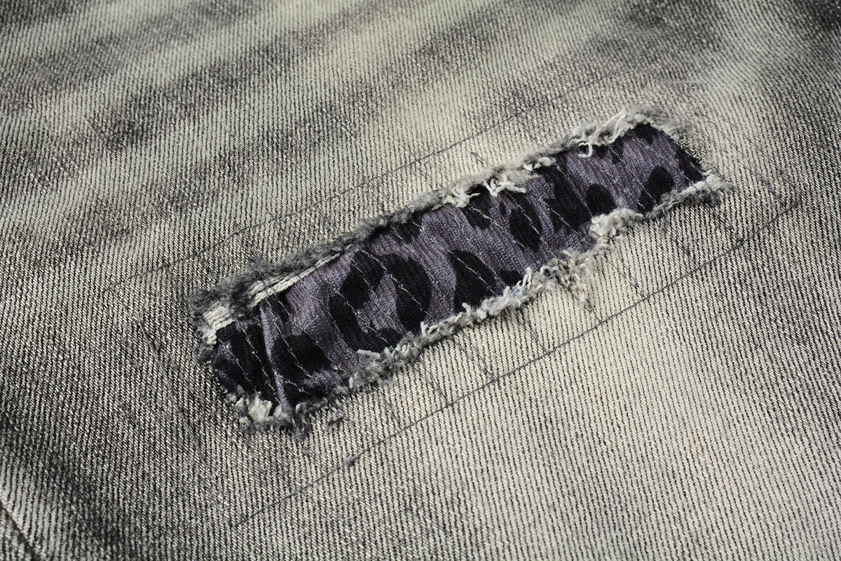 PURPLE Men Streetwear Denim Shorts Grey Black Wash with Leopard Print Ripped Details and Raw Hem 5068