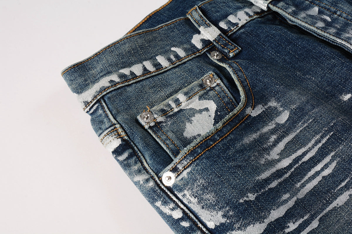 PURPLE Men Streetwear Skinny Jeans Dark Blue Wash with White Brushstroke Distress 9040