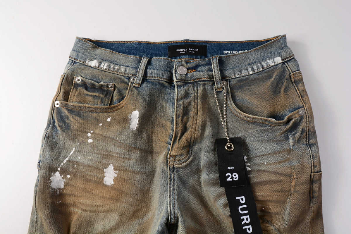 PURPLE Men Streetwear Denim Shorts Brownish Wash with White Paint Splashes and Distressed Raw Hem 5012