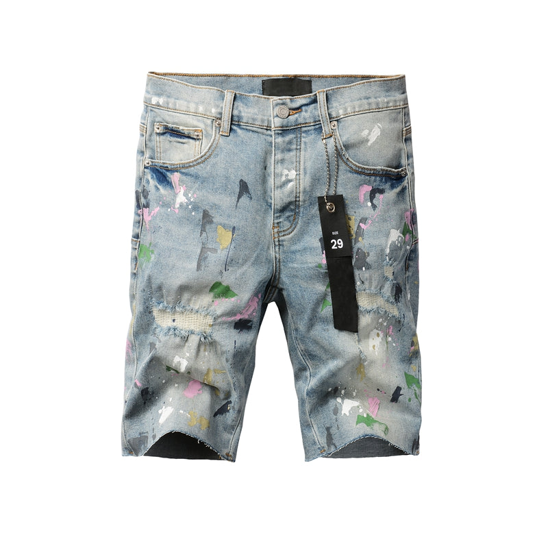 PURPLE Men Streetwear Denim Shorts Light Blue Wash with Colorful Paint Splashes and Distressed Raw Hem 5066