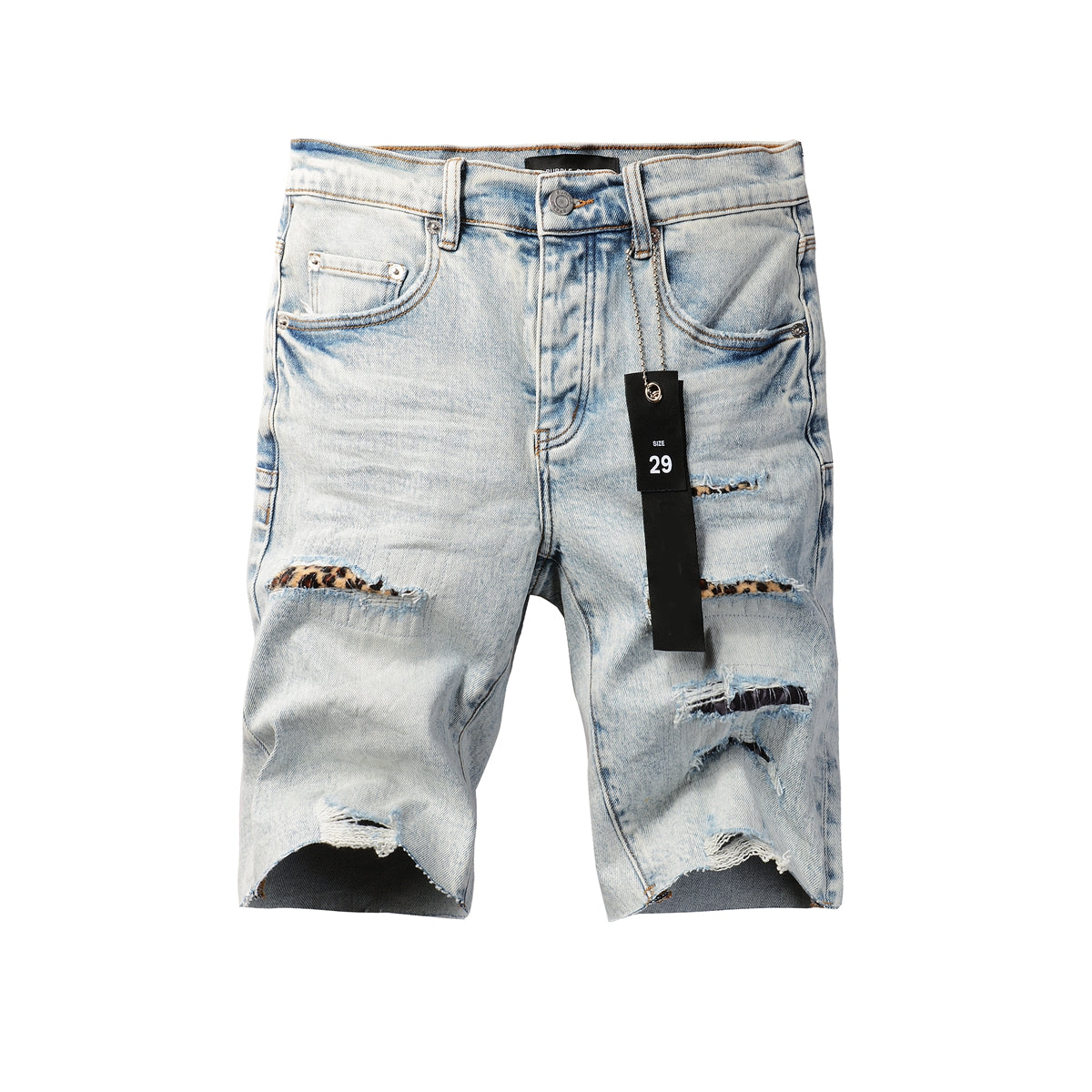 PURPLE Men Streetwear Denim Shorts Light Blue Wash with Leopard Print Patched Rips 5087