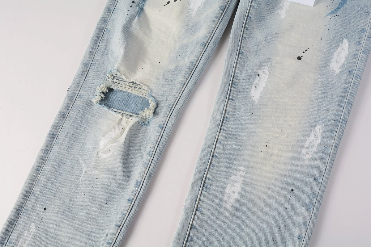 PURPLE Men Streetwear Skinny Jeans Light Blue Wash with White Paint Splatter and Subtle Distress 9006