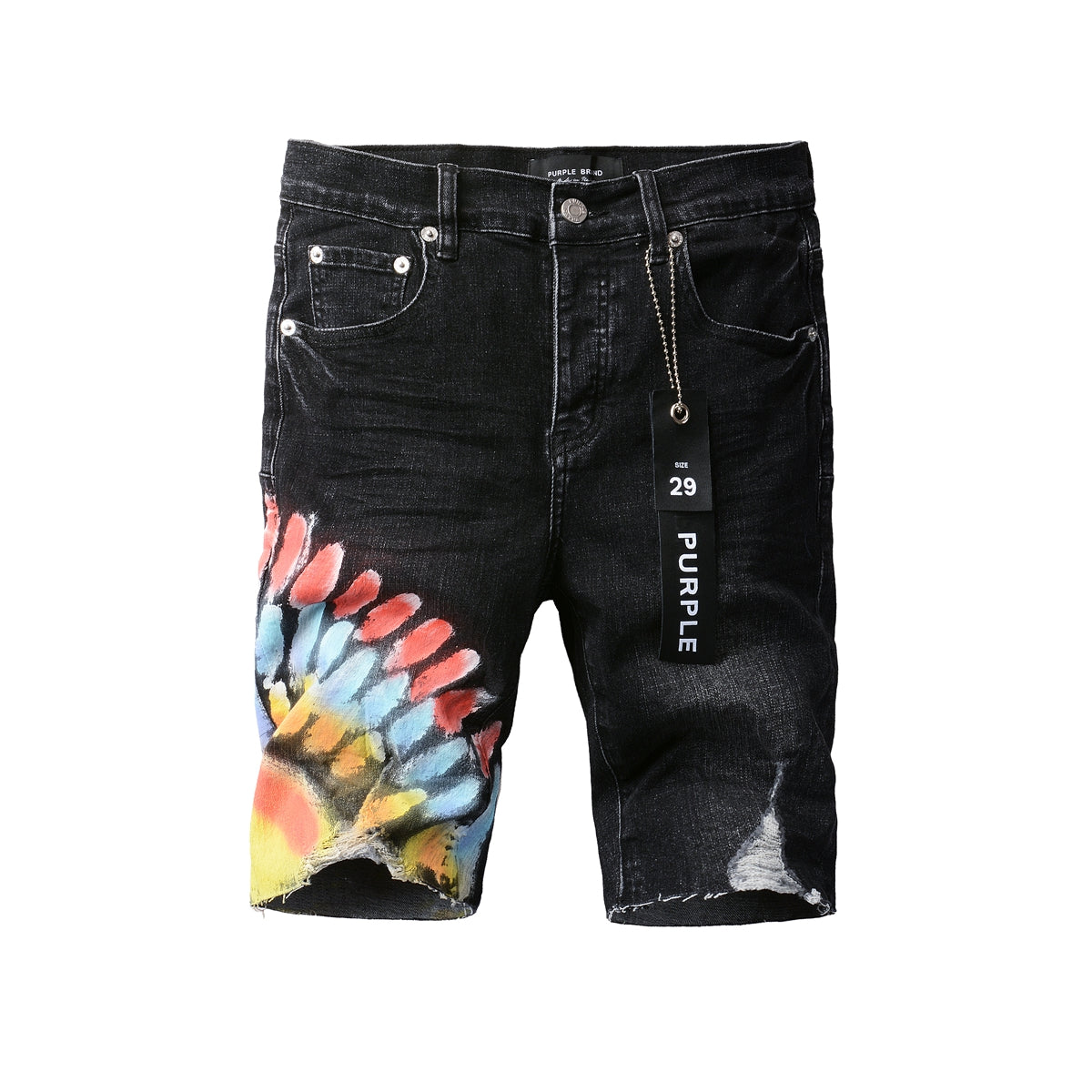 PURPLE Men Streetwear Denim Shorts Black Wash with Colorful Feather Print and Raw Hem 5085