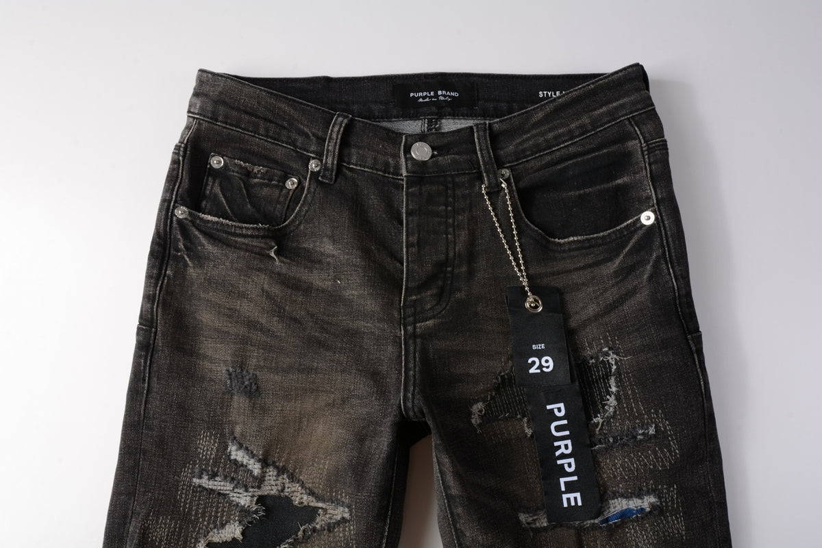 PURPLE Men Streetwear Skinny Jeans Dark Gray Wash with Multi - Color Patched Distressed Details 9080