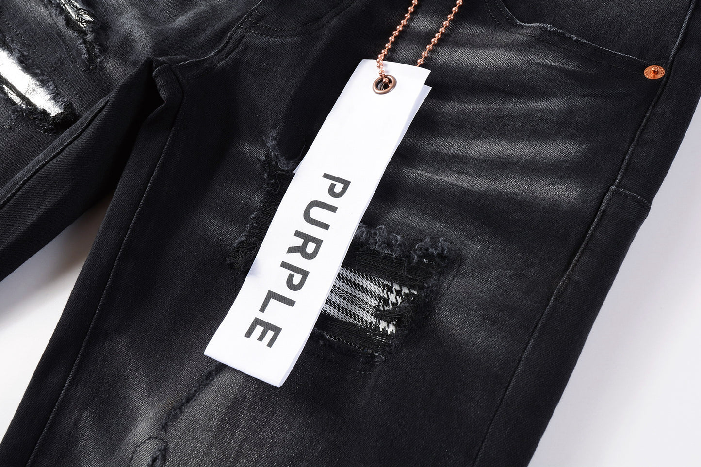 PURPLE Men Streetwear Skinny Jeans Black Wash with Distressed Rips, Checkered Patches and White Paint Splatter 9001