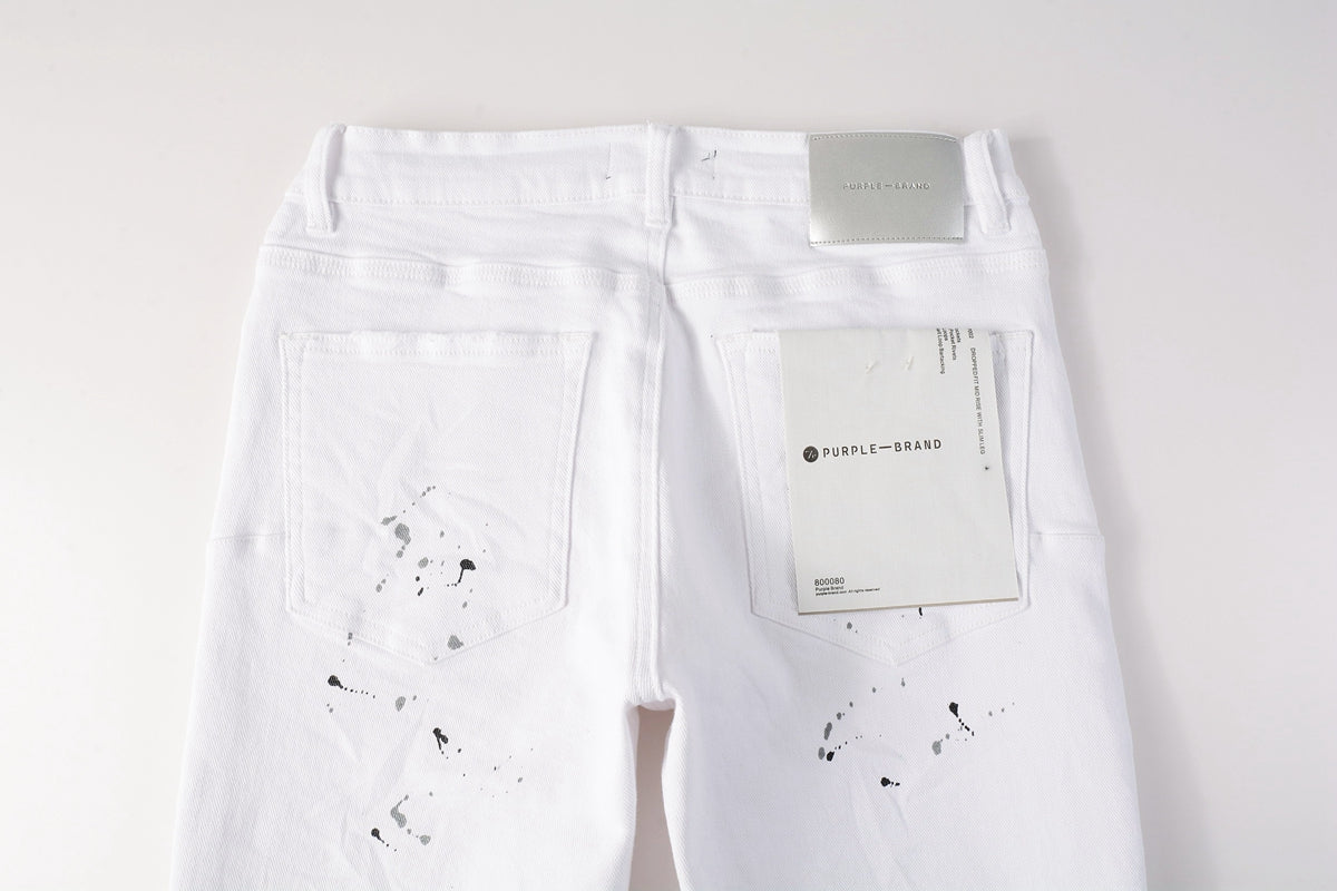 PURPLE Men Streetwear Skinny Jeans White Wash with Black Paint Splatter and Distressed Rip 9021