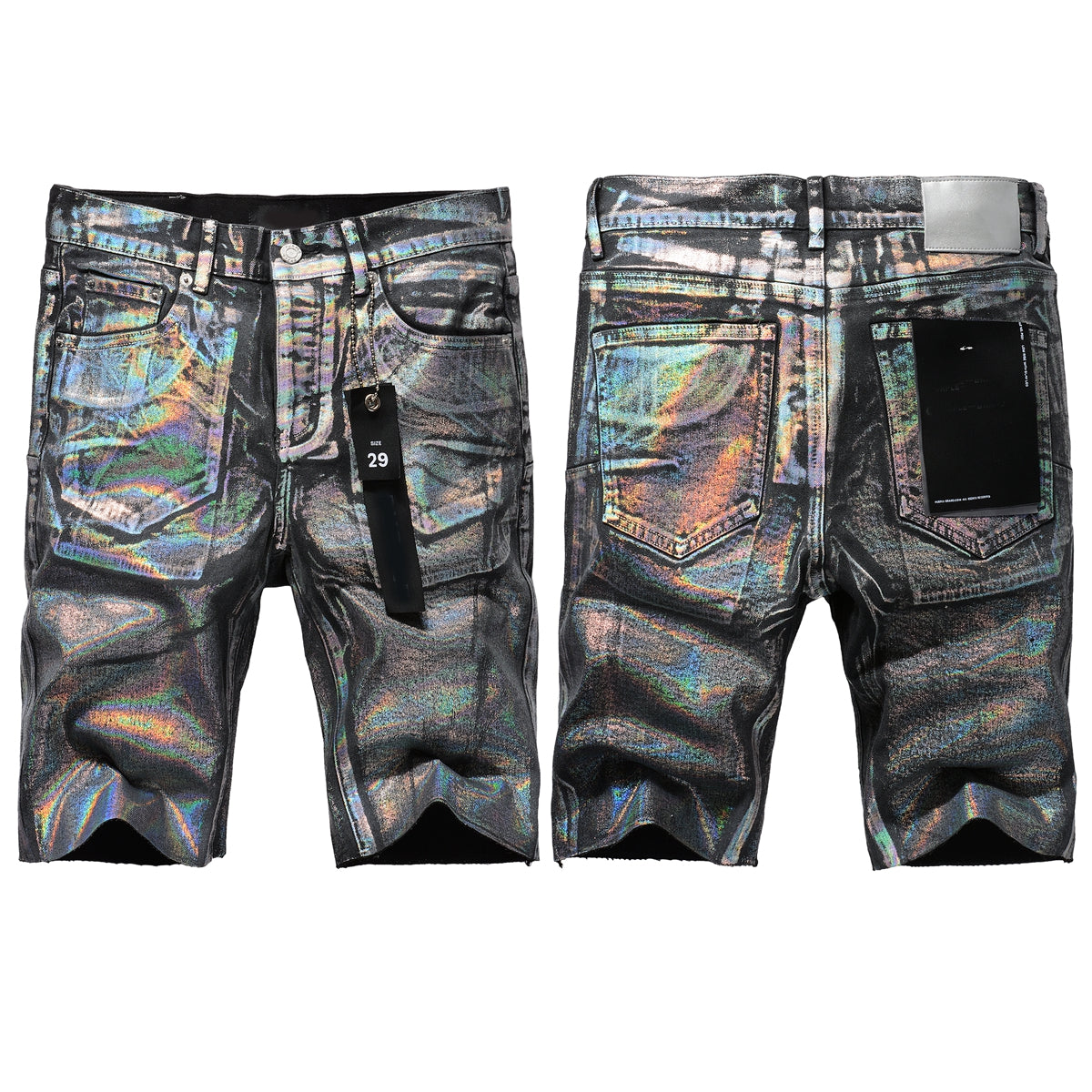 PURPLE Men Streetwear Denim Shorts Black Wash with Holographic Reflective Finish and Raw Hem 5028