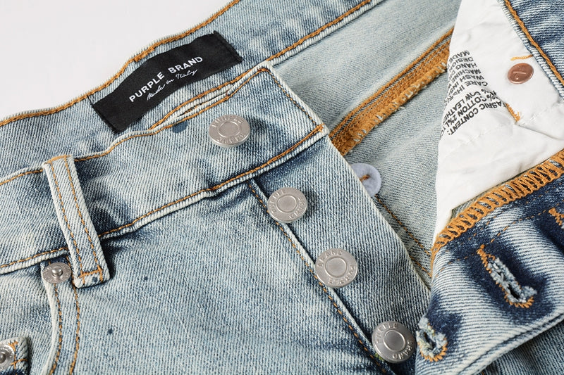 PURPLE Men Streetwear Denim Shorts Light Blue Wash with Colorful Paint Splashes and Distressed Raw Hem 5071