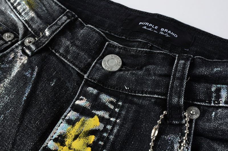 PURPLE Men Streetwear Skinny Jeans Black Wash with Colorful Graffiti Paint Splash 9078
