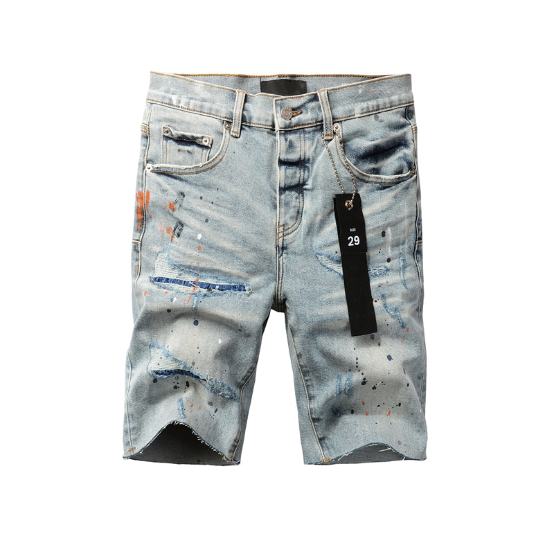 PURPLE Men Streetwear Denim Shorts Light Blue Wash with Colorful Paint Splashes and Distressed Raw Hem 5071