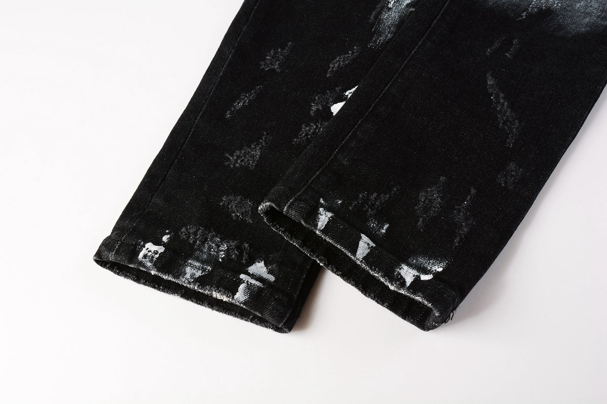 PURPLE Men Streetwear Skinny Jeans Black and White Graffiti Wash with Multi - Color Paint Accents 9020