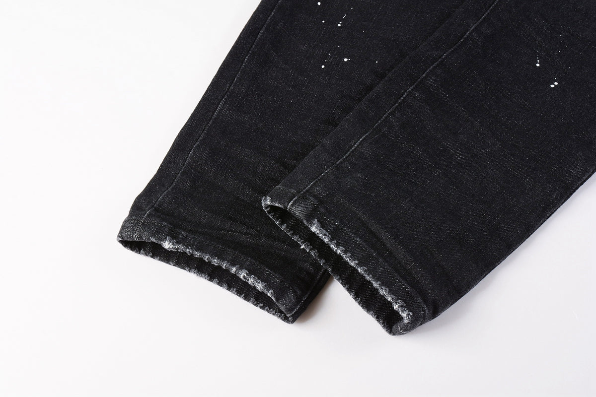 PURPLE Men Streetwear Skinny Jeans Black Wash with Knee Rips and White Paint Specks 9035