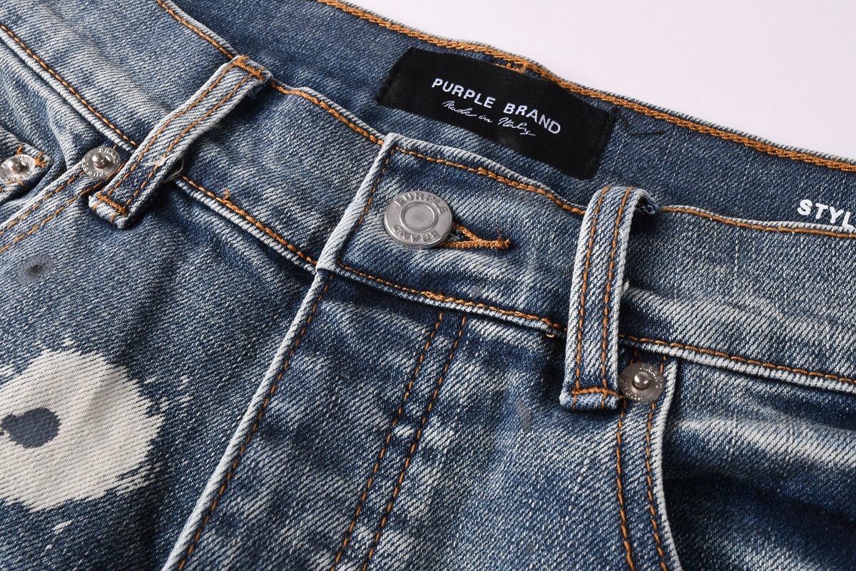 PURPLE Men Streetwear Denim Shorts Light Blue Wash with Large White Paint Splashes and Speckles 5092