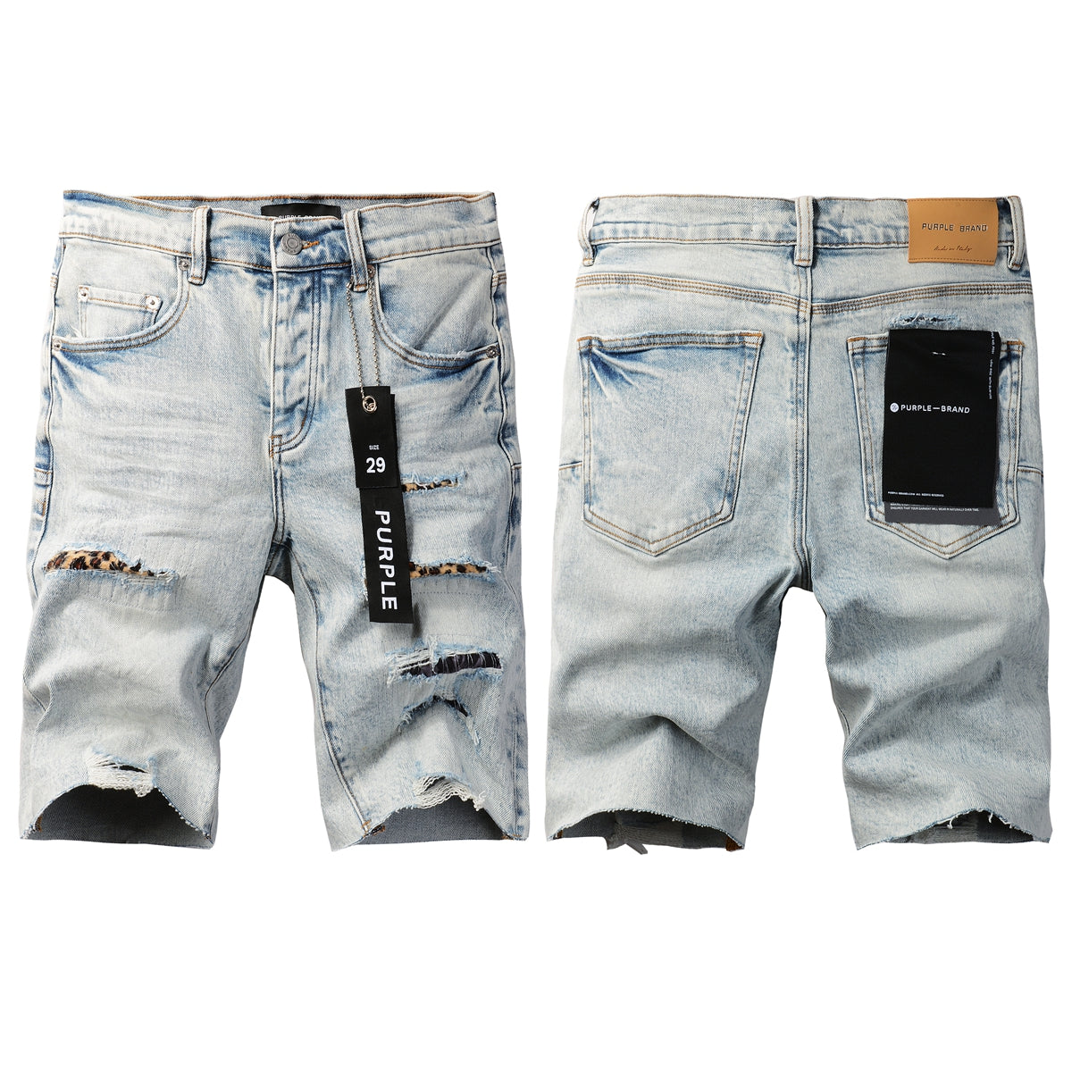 PURPLE Men Streetwear Denim Shorts Light Blue Wash with Leopard Print Patched Rips 5087
