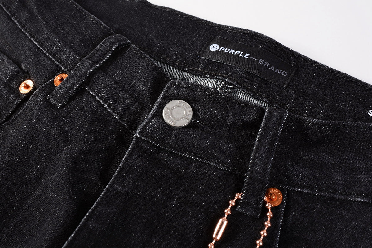 PURPLE Men Streetwear Skinny Jeans Black Wash with Knee Rips and White Paint Specks 9035