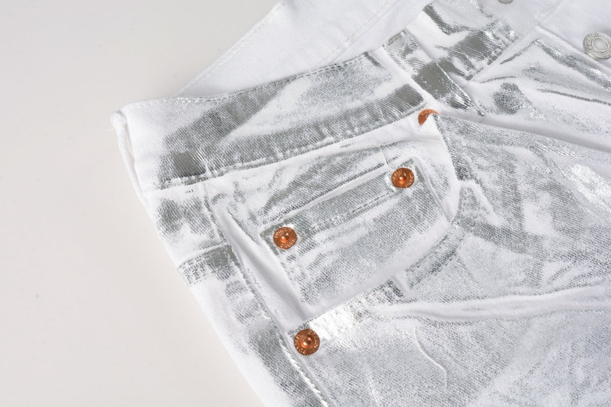 PURPLE Men Streetwear Jeans Metallic Silver Coated Finish with Futuristic Shine Skinny Fit Statement 9110