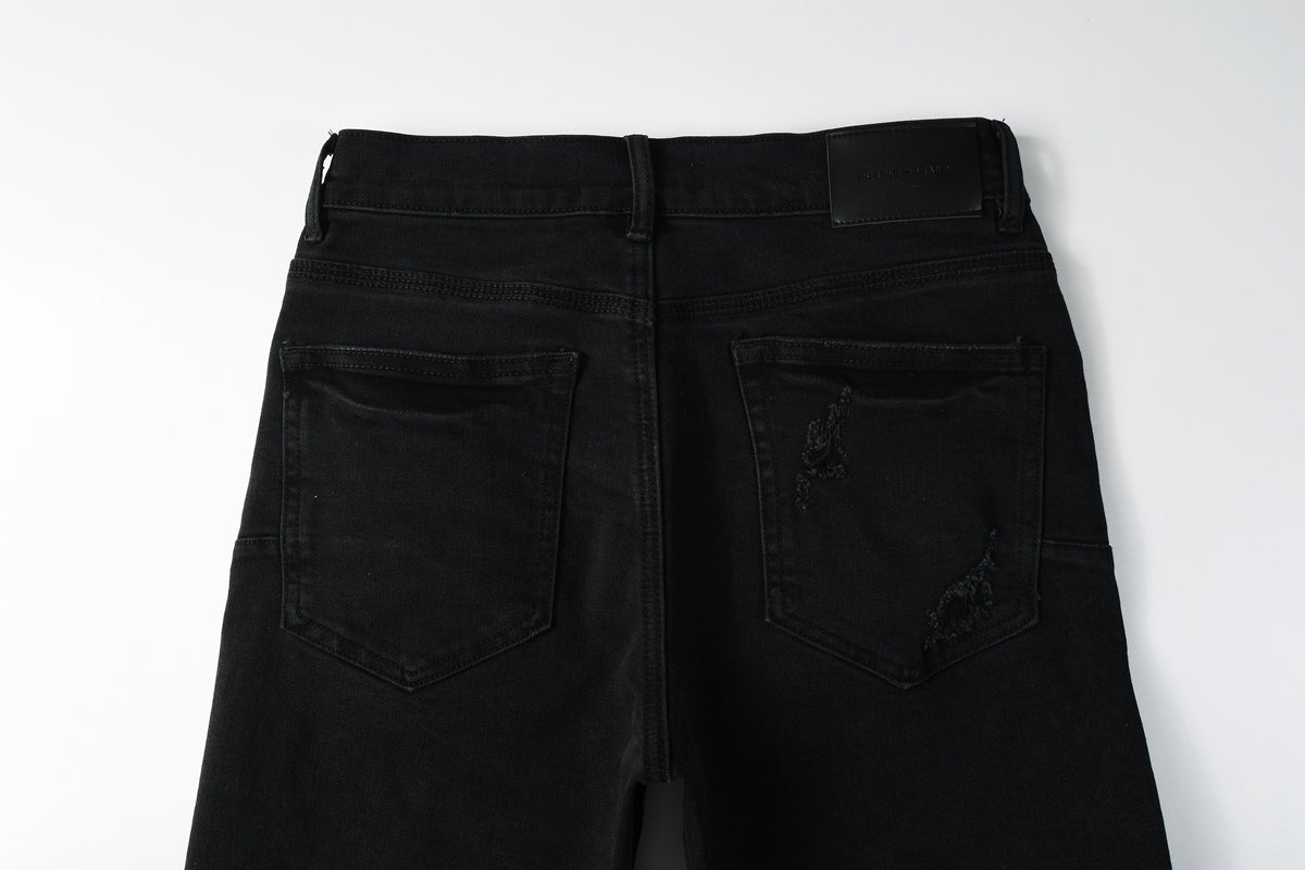 PURPLE Men Streetwear Black Denim Shorts with Distressed Ripped Details and Raw Hem 5108