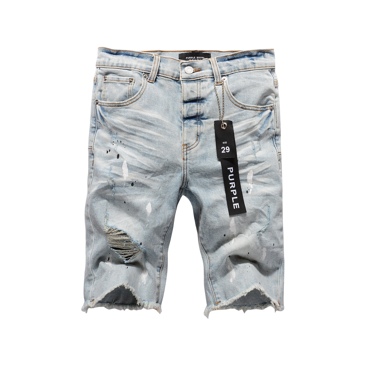 PURPLE Men Streetwear Denim Shorts Light Blue Wash with White Paint Splatters and Distressed Raw Hem 5006
