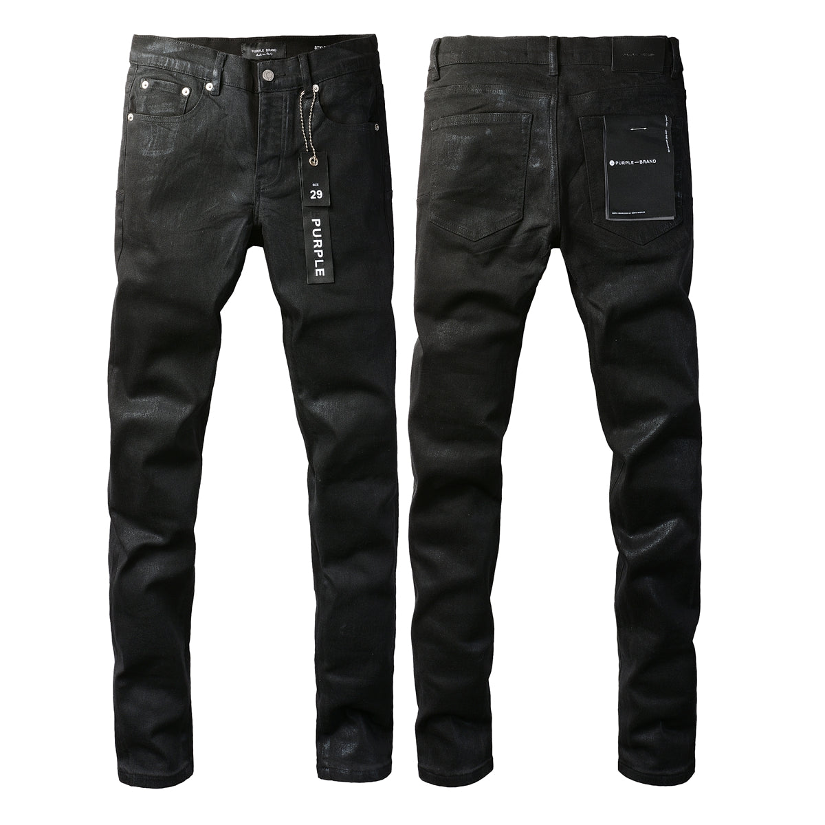 PURPLE Men Streetwear Skinny Jeans Black Wash with Subtle Sheen and Tag Accent 9082
