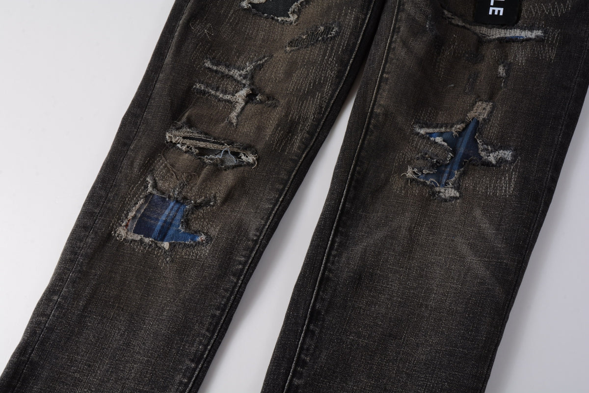 PURPLE Men Streetwear Skinny Jeans Dark Gray Wash with Multi - Color Patched Distressed Details 9080