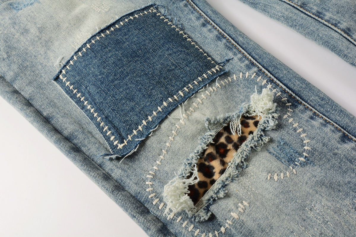 PURPLE Men Streetwear Jeans Distressed Light Blue Patch Leopard Ripped skinny 9095