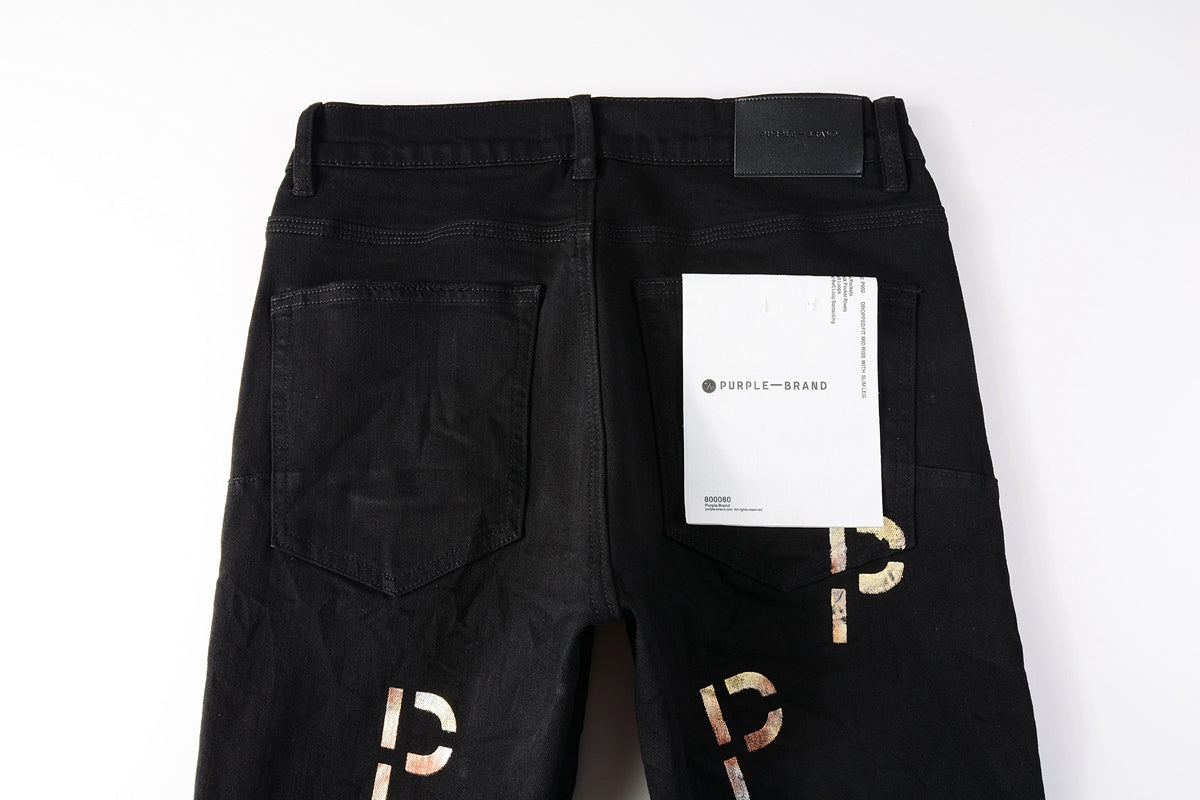 PURPLE Men Streetwear Skinny Jeans Black Wash with All-Over Metallic Gold "P" Print 9008