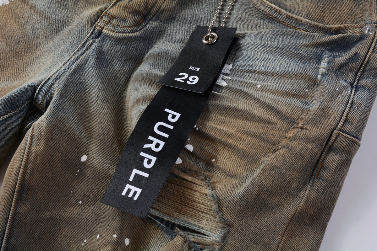 PURPLE Men Streetwear Denim Shorts Brownish Wash with White Paint Splashes and Distressed Raw Hem 5012