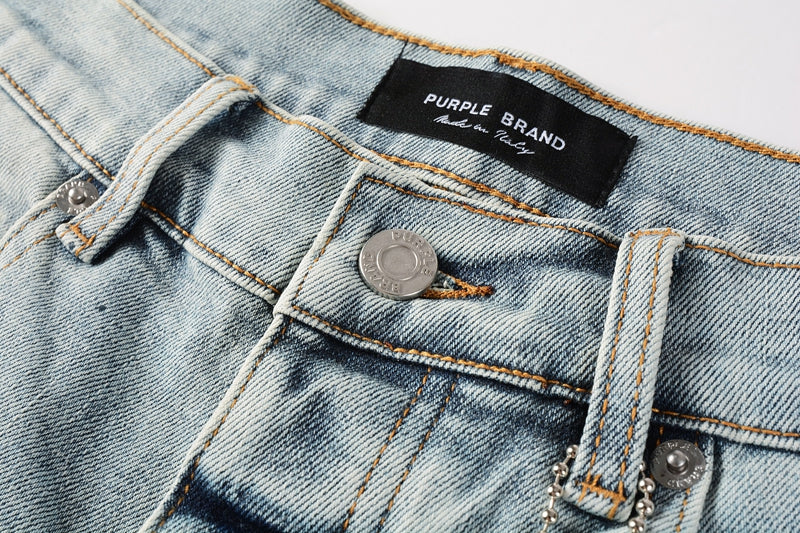 PURPLE Men Streetwear Denim Shorts Light Blue Wash with Colorful Paint Splashes and Distressed Raw Hem 5071