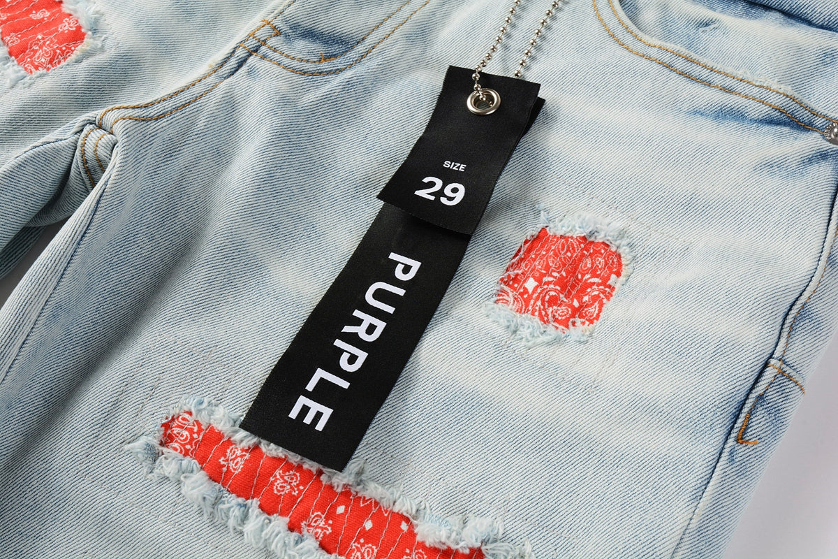 PURPLE Men Streetwear Denim Shorts Light Blue Wash with Colorful Patched Rips and Raw Hem 5067