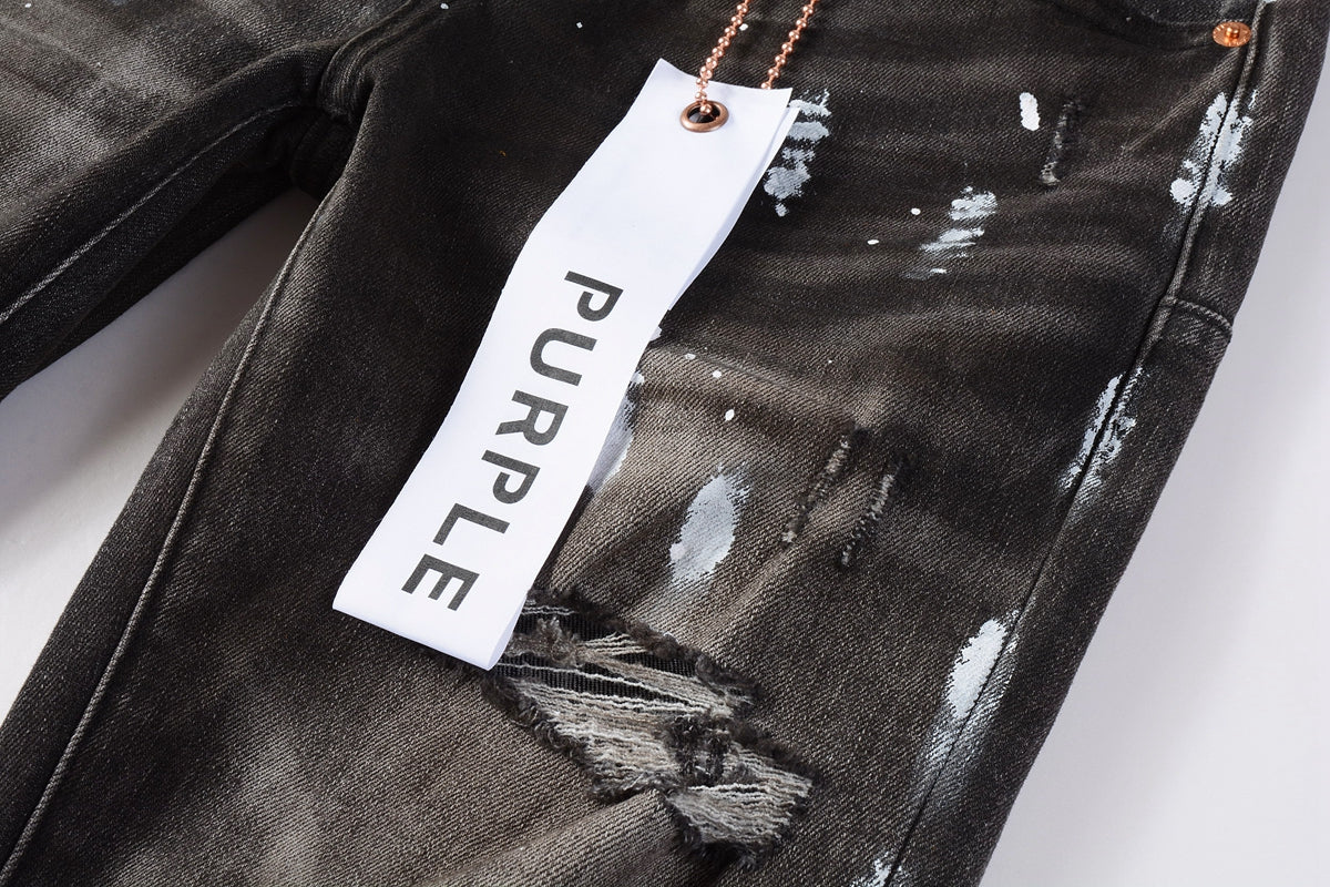 PURPLE Men Streetwear Skinny Jeans Dark Gray Wash with White Paint Splatter and Distressed Rips 9030